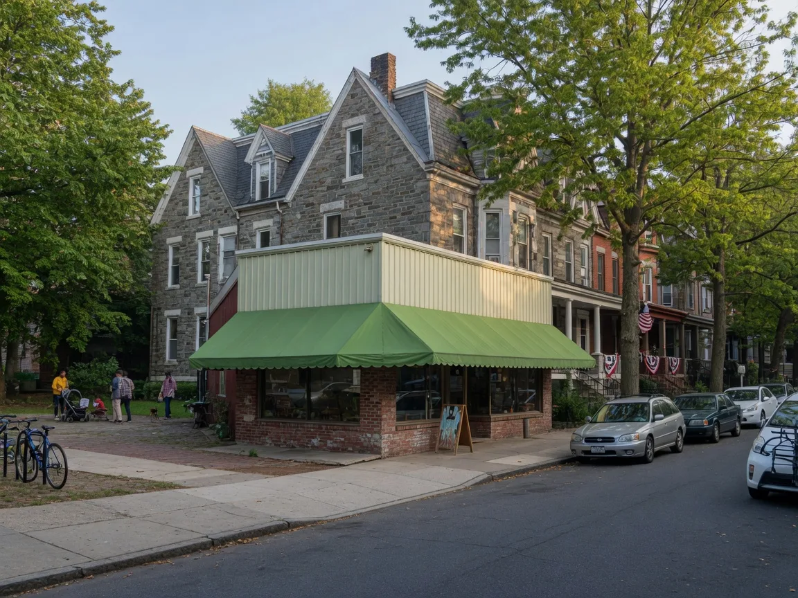 Historic gray Wissahickon schist Victorian homes around the Carpenter Lane commercial corner with the Weavers Way Co-op in West Mount Airy