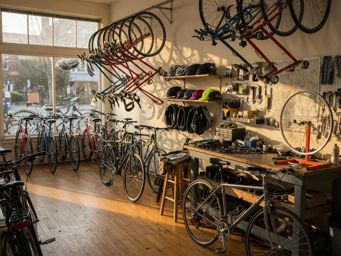 Warm interior of a classic neighborhood bike shop in Washington DC with road and commuter bicycles on wall racks and the floor, a repair workbench with a truing stand at the back, helmets and accessories on shelves, and late-afternoon light across the wood floor