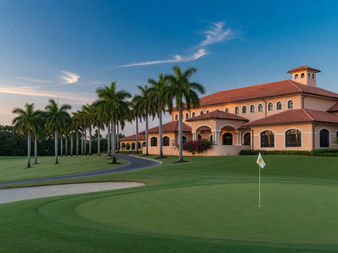 Grand Mediterranean country club in Naples, Florida with a stucco clubhouse, barrel-tile roof, manicured putting green with a white flag, and royal palms under a deep blue morning sky