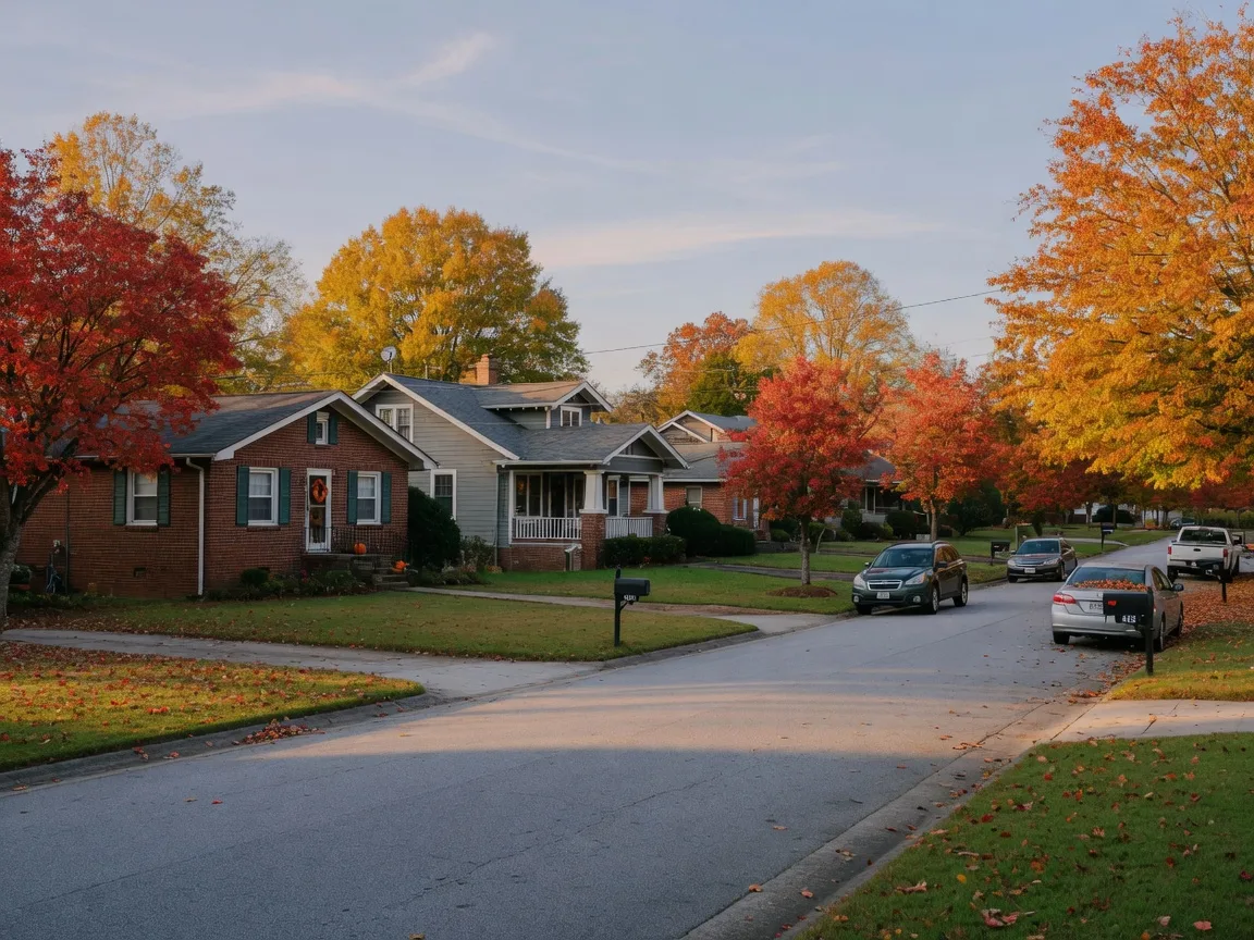 Quiet Metro Atlanta residential street with brick homes and autumn trees in the morning light