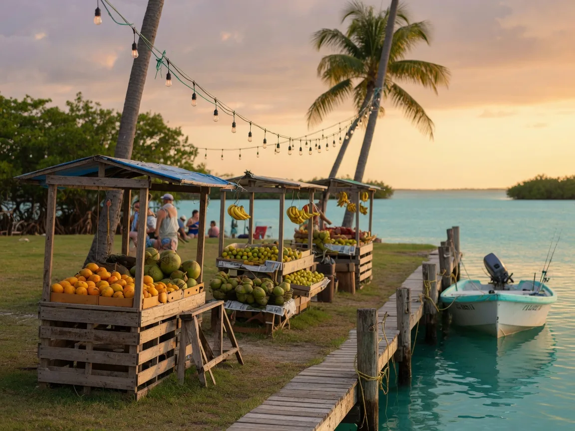 A relaxed community gathering at a Florida Keys waterfront dock with market-style stalls of tropical produce, string lights between palms, and a fishing skiff moored in a calm turquoise basin at late afternoon