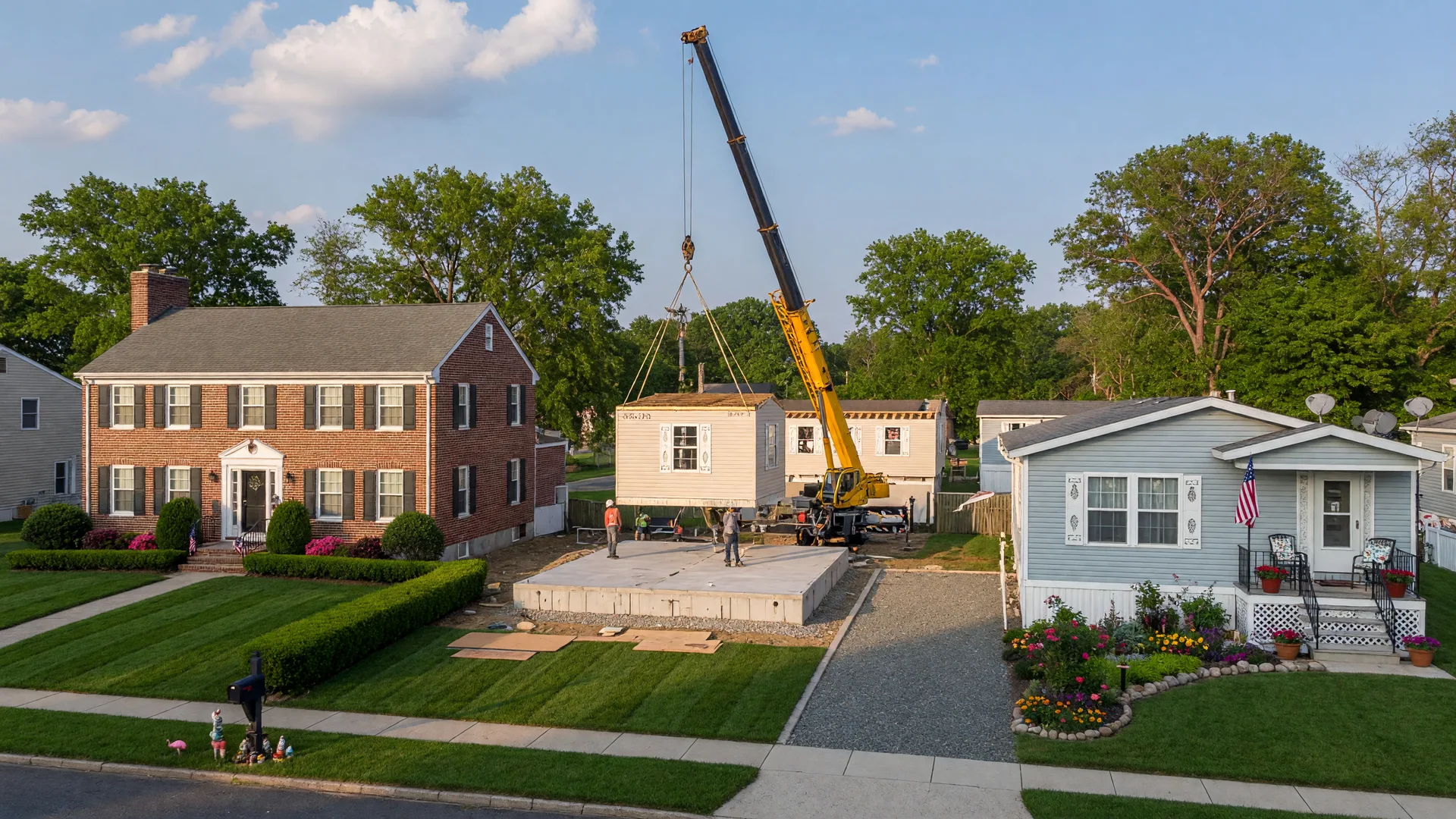 Three types of home construction side by side: a stick built colonial, a modular home being assembled, and a manufactured home in a land-lease community