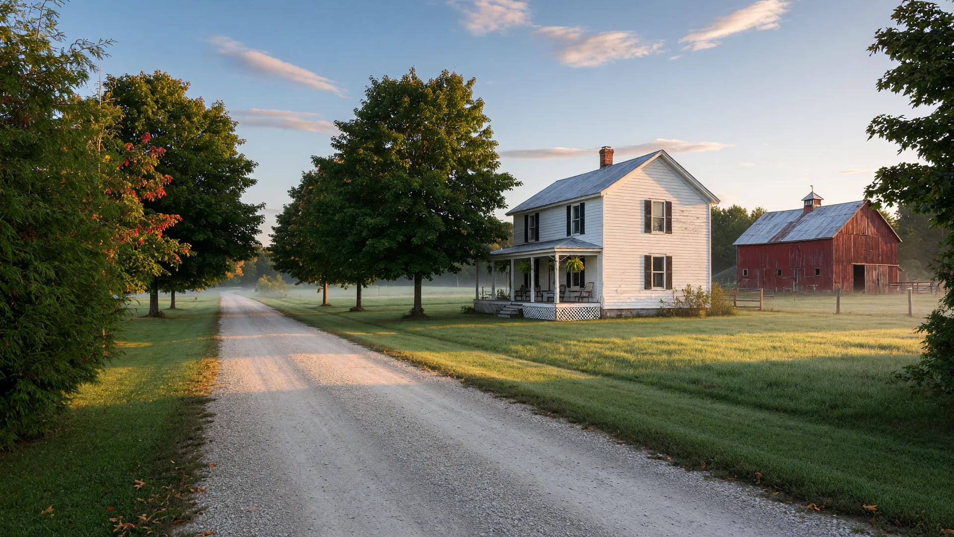 Rural country property in Durham Region on a misty late-summer morning, a white farmhouse at the end of a maple-lined gravel lane with a red barn across open fields