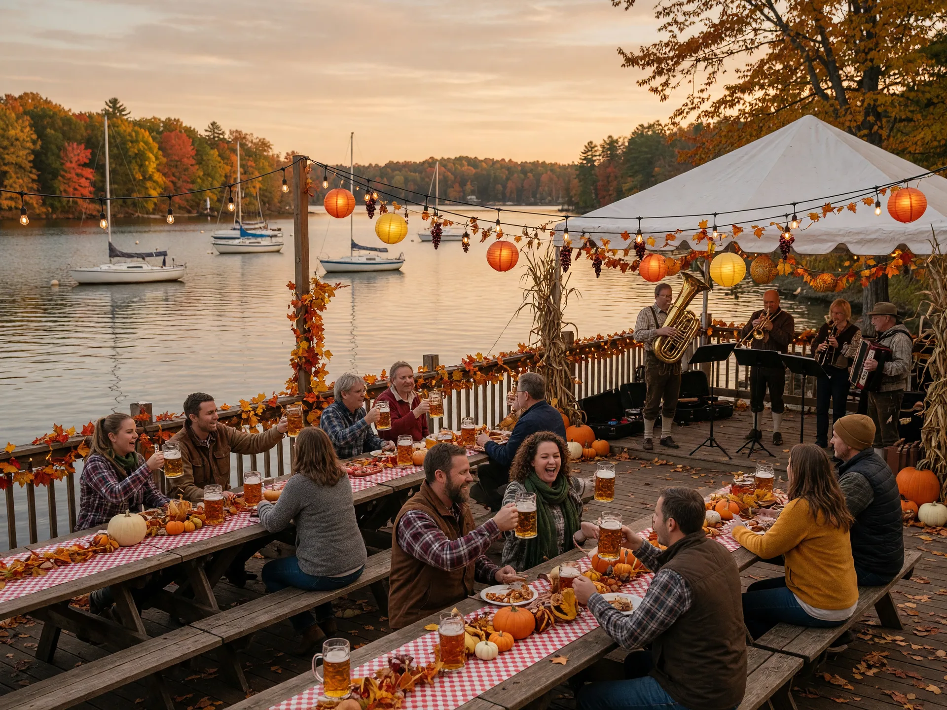 An autumn Oktoberfest gathering on a lakeside patio near Lake Norman with wooden tables and beer steins, string lights, a brass band under a tent, pumpkins and lanterns, and sailboats on the lake in golden afternoon light