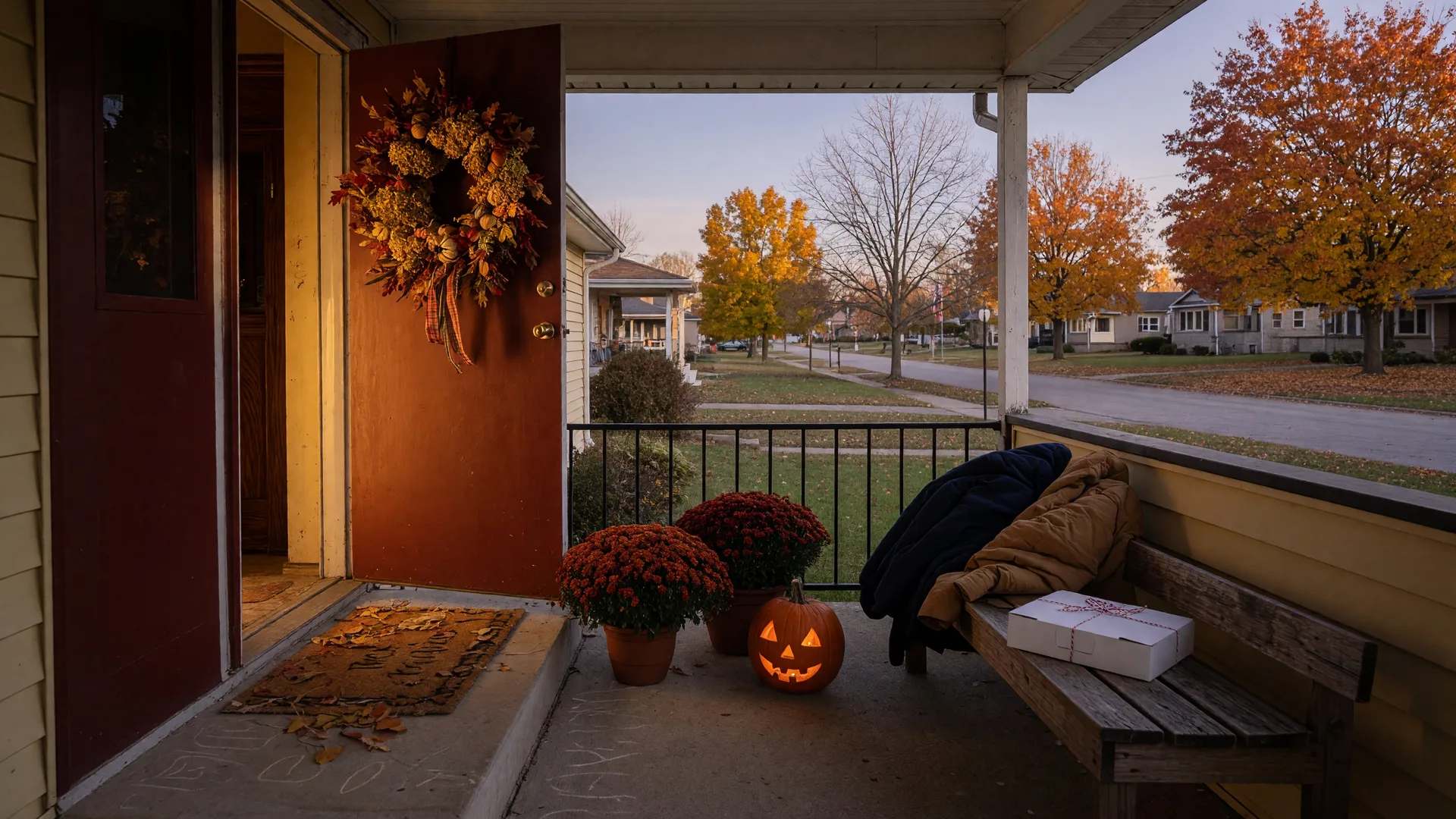 A warm photograph of the front porch of a ranch-style home in a Northwest Indiana suburb during the Thanksgiving holiday, with an open front door, a festive autumn wreath, mums and a carved pumpkin by the step, and a covered pie box with folded coats on a porch bench