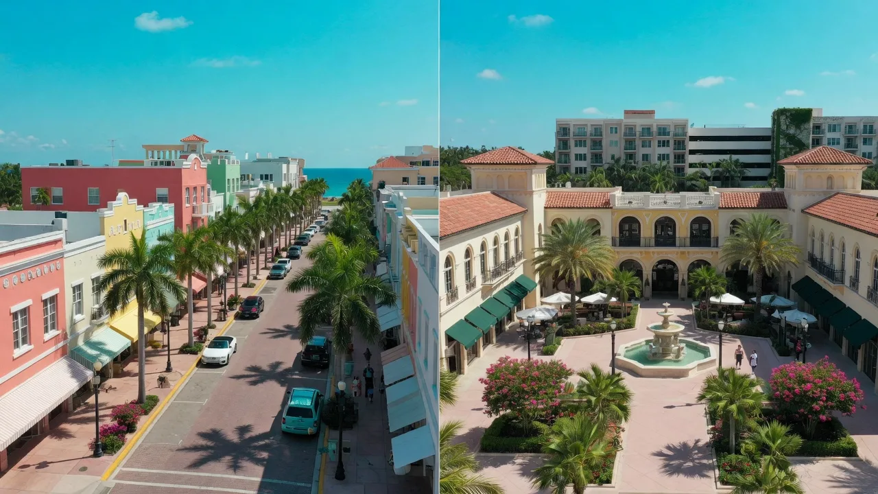 Split view of Delray Beach Atlantic Avenue and Boca Raton Mizner Park side by side