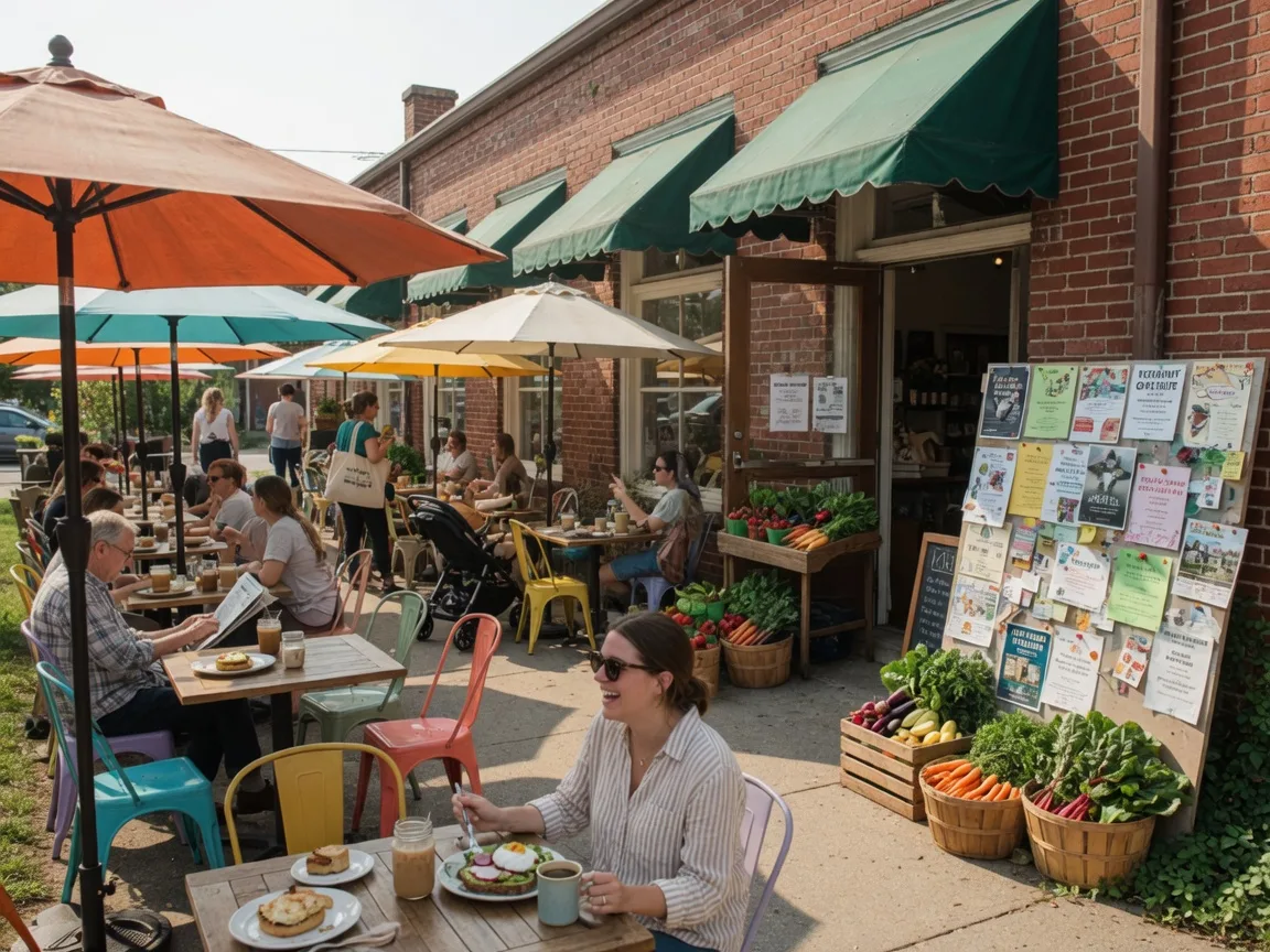 Weaver Street Market outdoor patio in Carrboro on a sunny morning