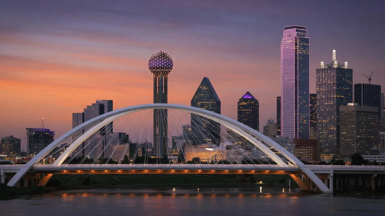 Dallas skyline at twilight with the Margaret Hunt Hill Bridge