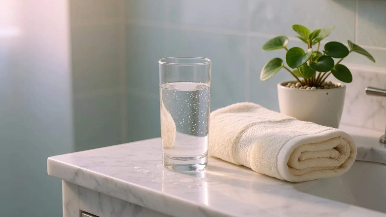 A glass of water on a marble bathroom counter beside a folded cream towel and a small plant