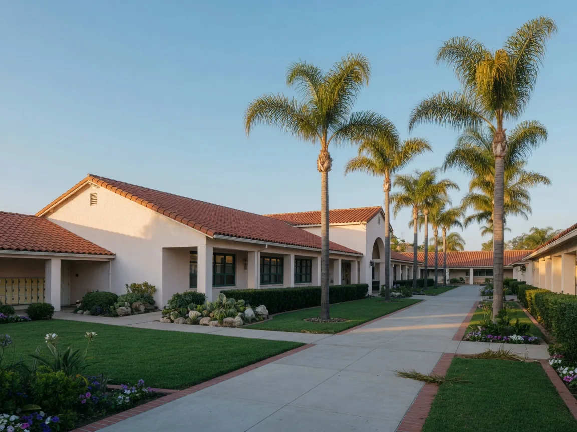 Modern Southern California elementary school campus with palm trees along the walkway