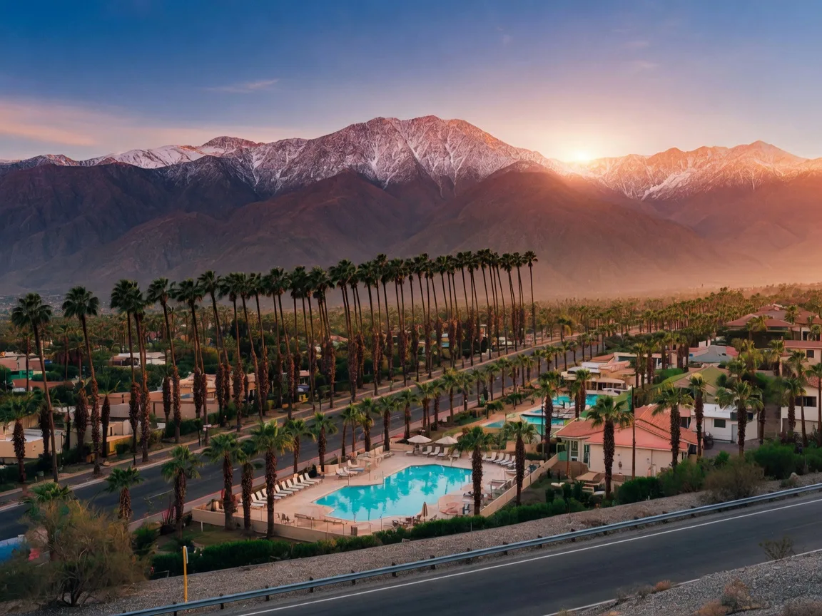 Coachella Valley near Palm Springs at golden hour with palm trees and the San Jacinto Mountains