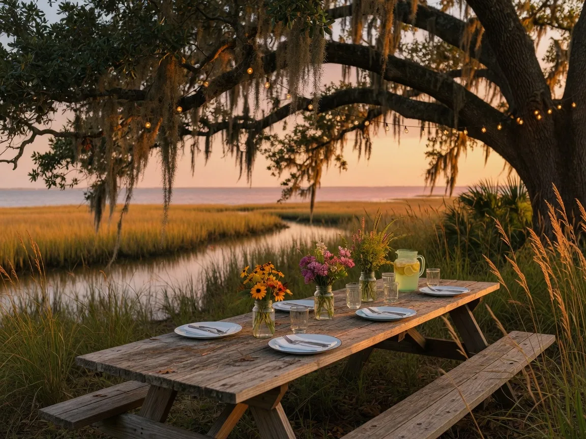 A table set for guests beneath a live oak draped with Spanish moss and soft string lights near the coast