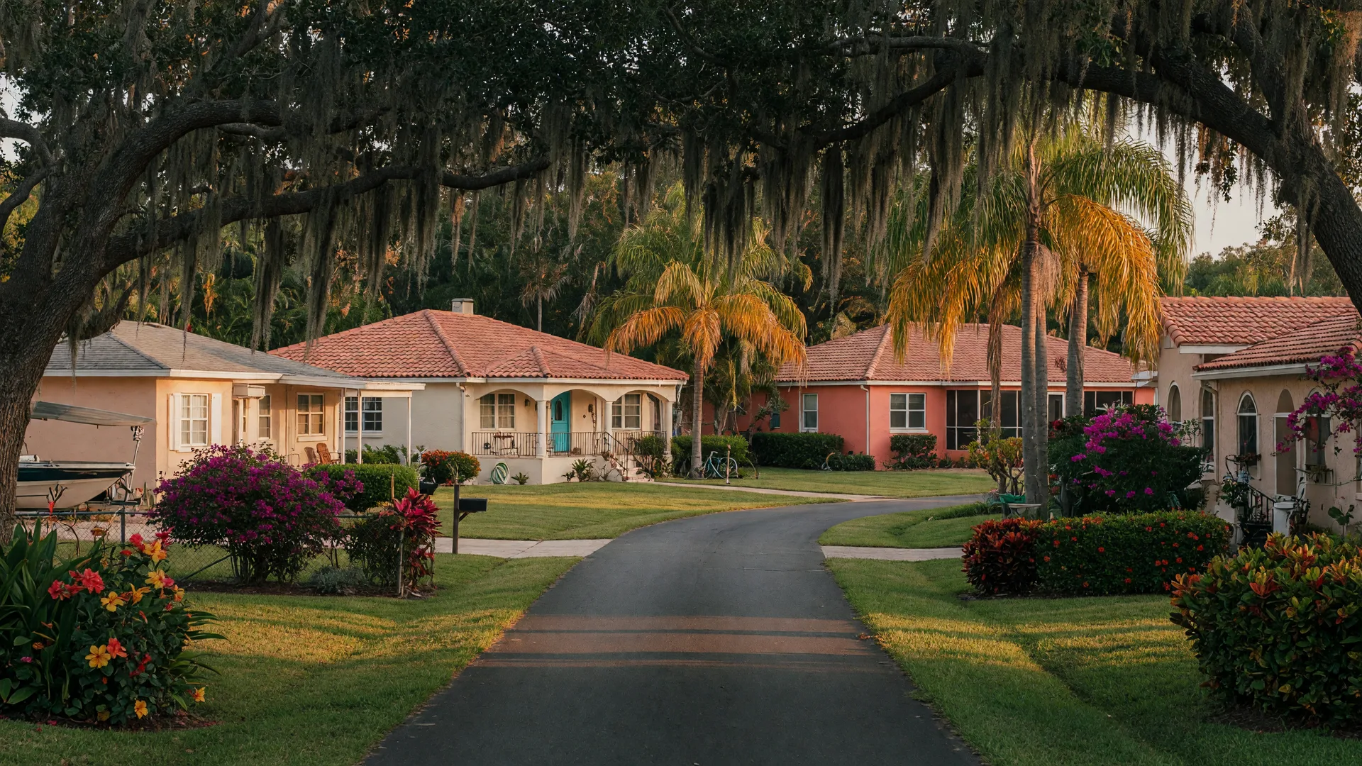 A peaceful Sarasota residential street lined with live oaks and Spanish moss, with Mediterranean-style homes and tropical landscaping