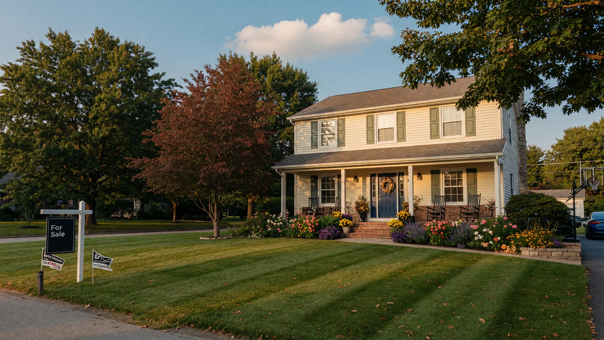 Well-maintained suburban home in Northwest Indiana at late summer golden hour with manicured lawn, blooming flower beds, and a For Sale sign near the curb