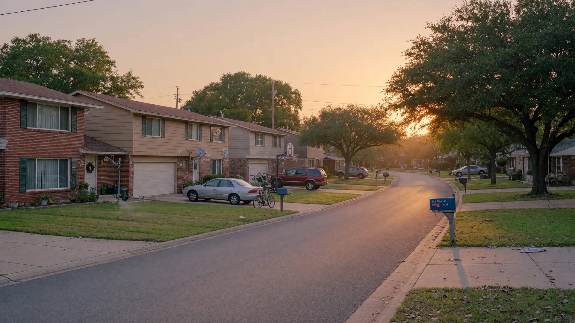 A Candlewood Park street of 1980s and 1990s family homes with two-car garages and mature trees in warm golden-hour light, in the San Antonio home inspection service area of Rodeo Home Inspections
