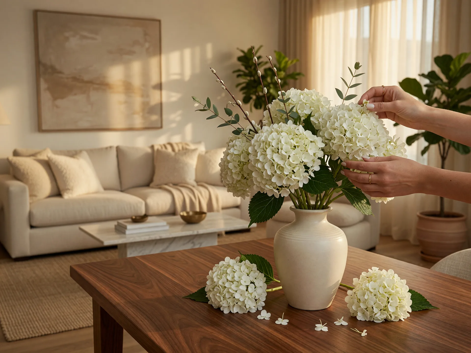 Luxury home staging with beautiful floral arrangement in an elegant living room