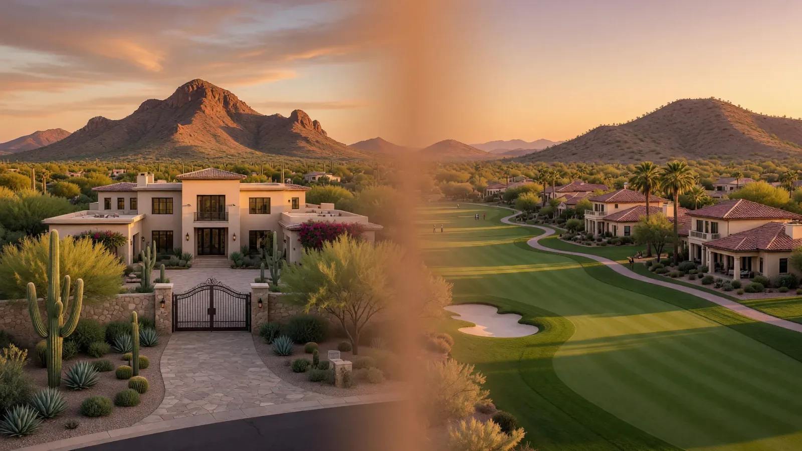 Paradise Valley estate with Camelback Mountain flowing into a North Scottsdale golf community at golden hour