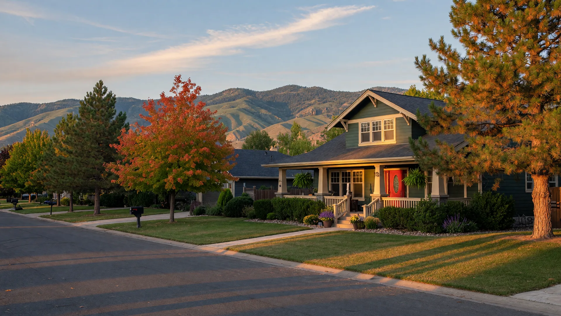 Illustrative image of a well-maintained home on a quiet tree-lined street in the Boise area with the foothills in the background
