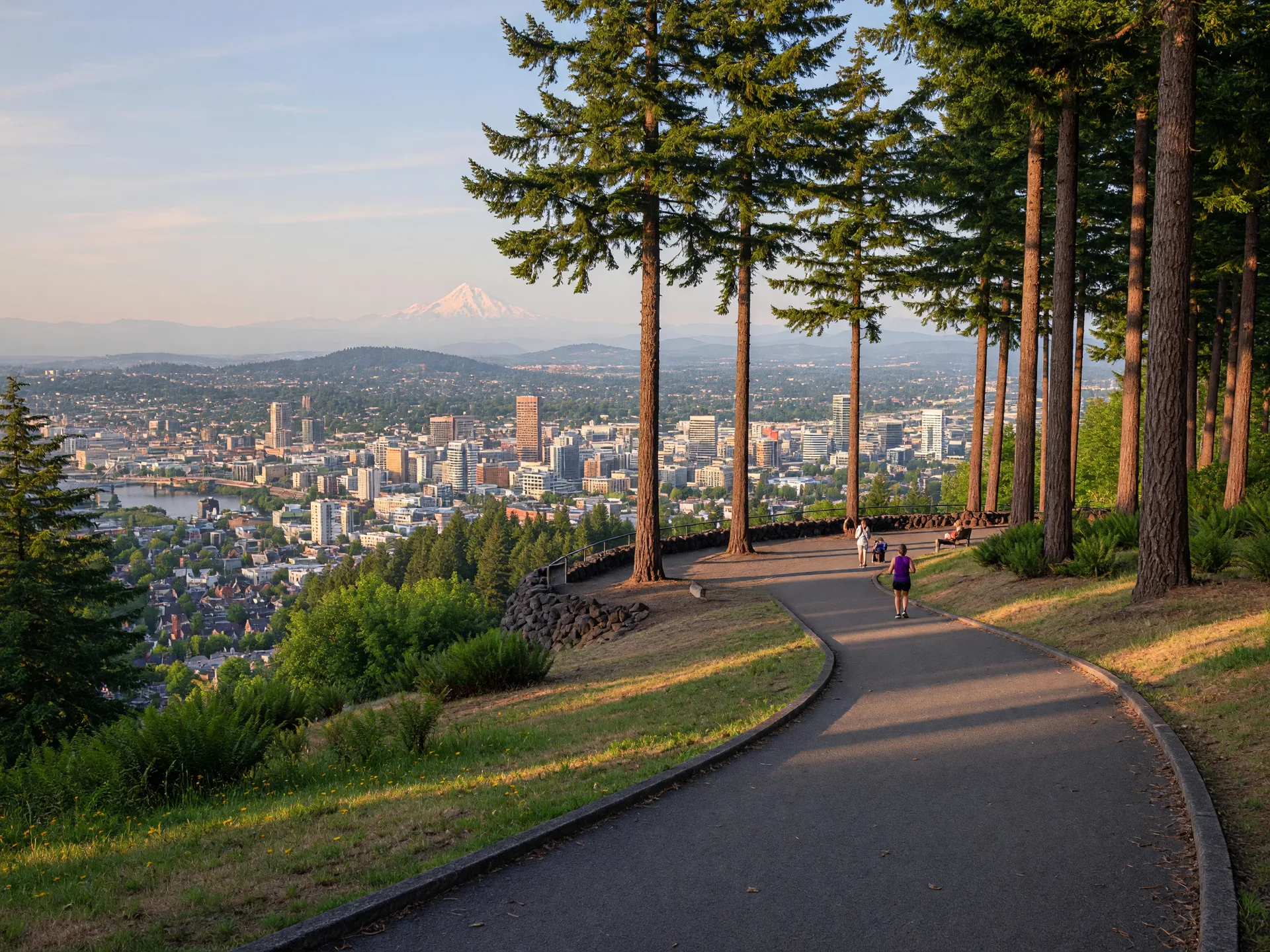 The summit of Mount Tabor Park with city views and a paved path through Douglas firs on a summer morning