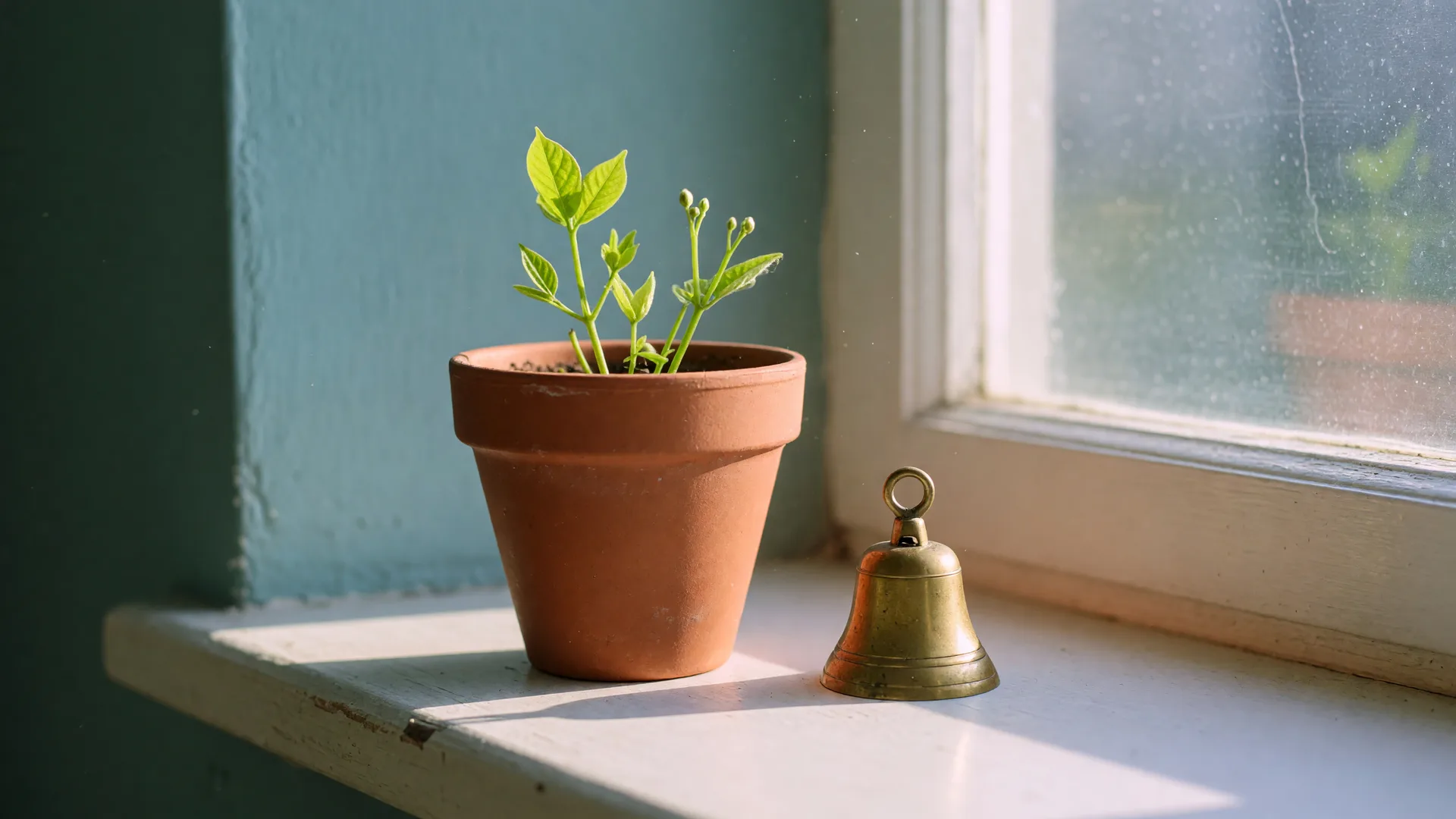A small potted plant with new growth beside a brass object on a sunlit windowsill