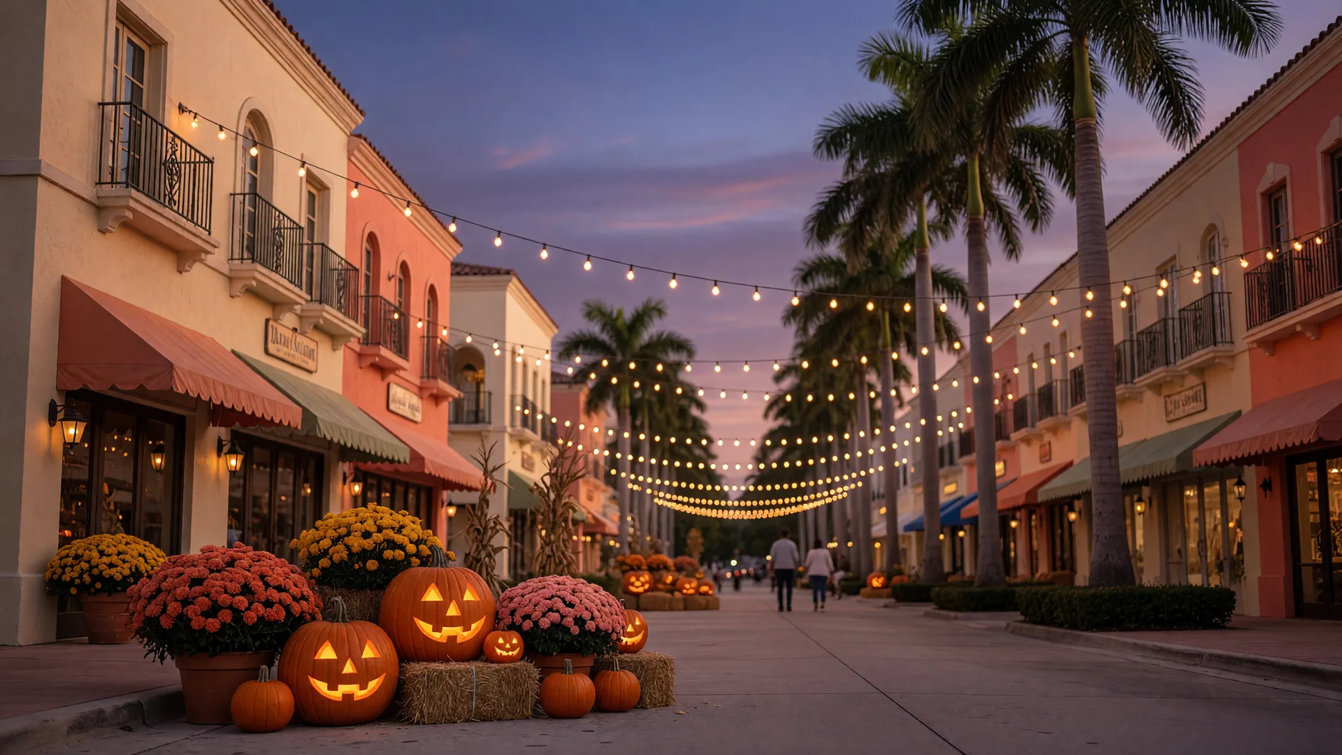 South Florida downtown avenue at dusk with glowing string lights over Mediterranean storefronts, carved pumpkins and mums in sidewalk planters, and royal palm trees lining the curb