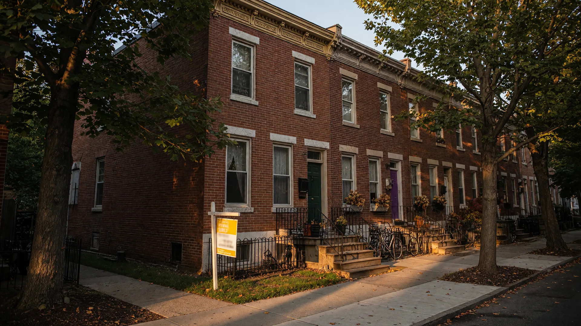 Historic brick rowhome with real estate sign in Washington Square West, Philadelphia at golden hour