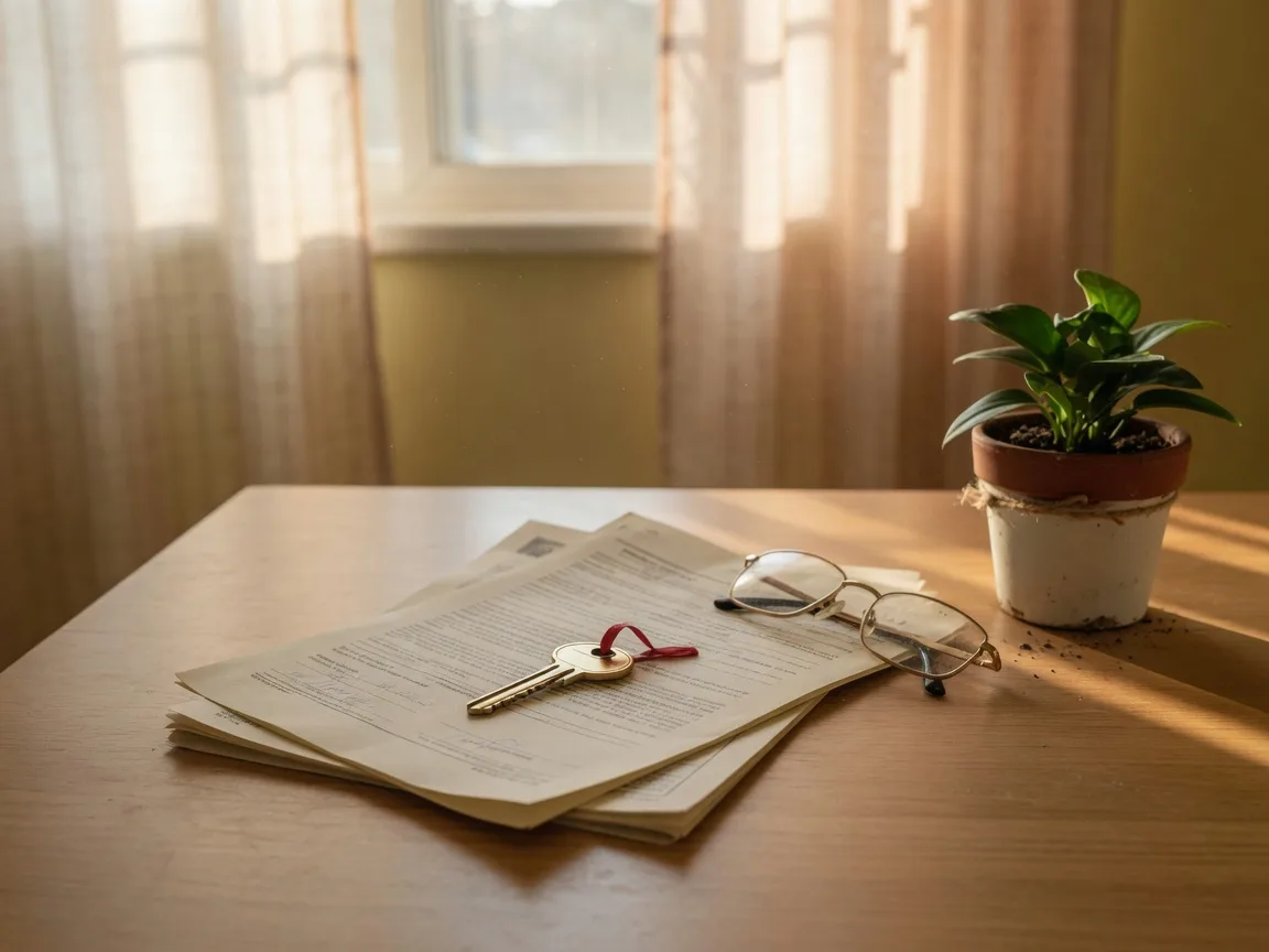 A brass house key beside folded mortgage documents and reading glasses, a still life for first-time homebuyer programs and down payment assistance in Florence SC