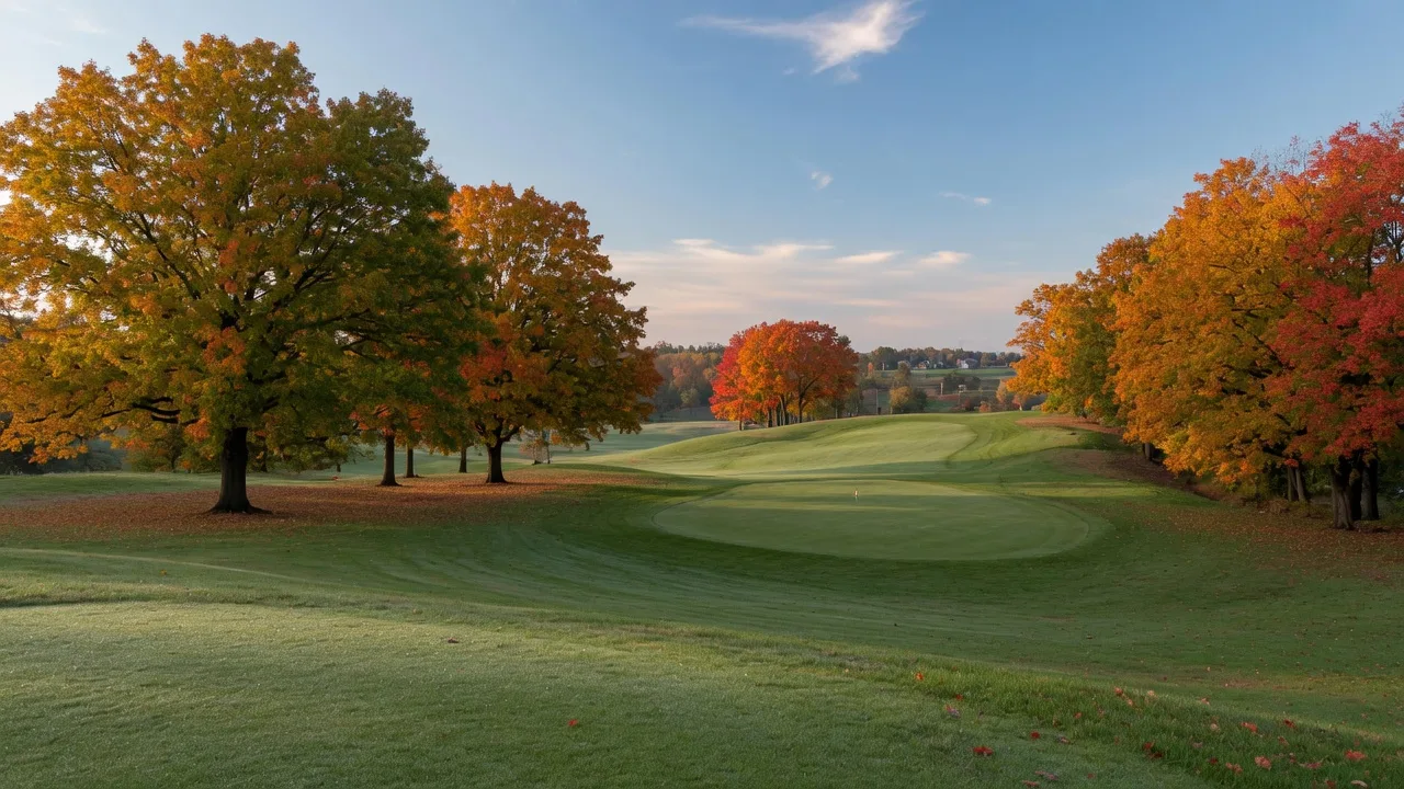 A wide parkland golf fairway in eastern Pennsylvania in mid-October rolling between gold, orange, and red fall trees toward a distant flagstick
