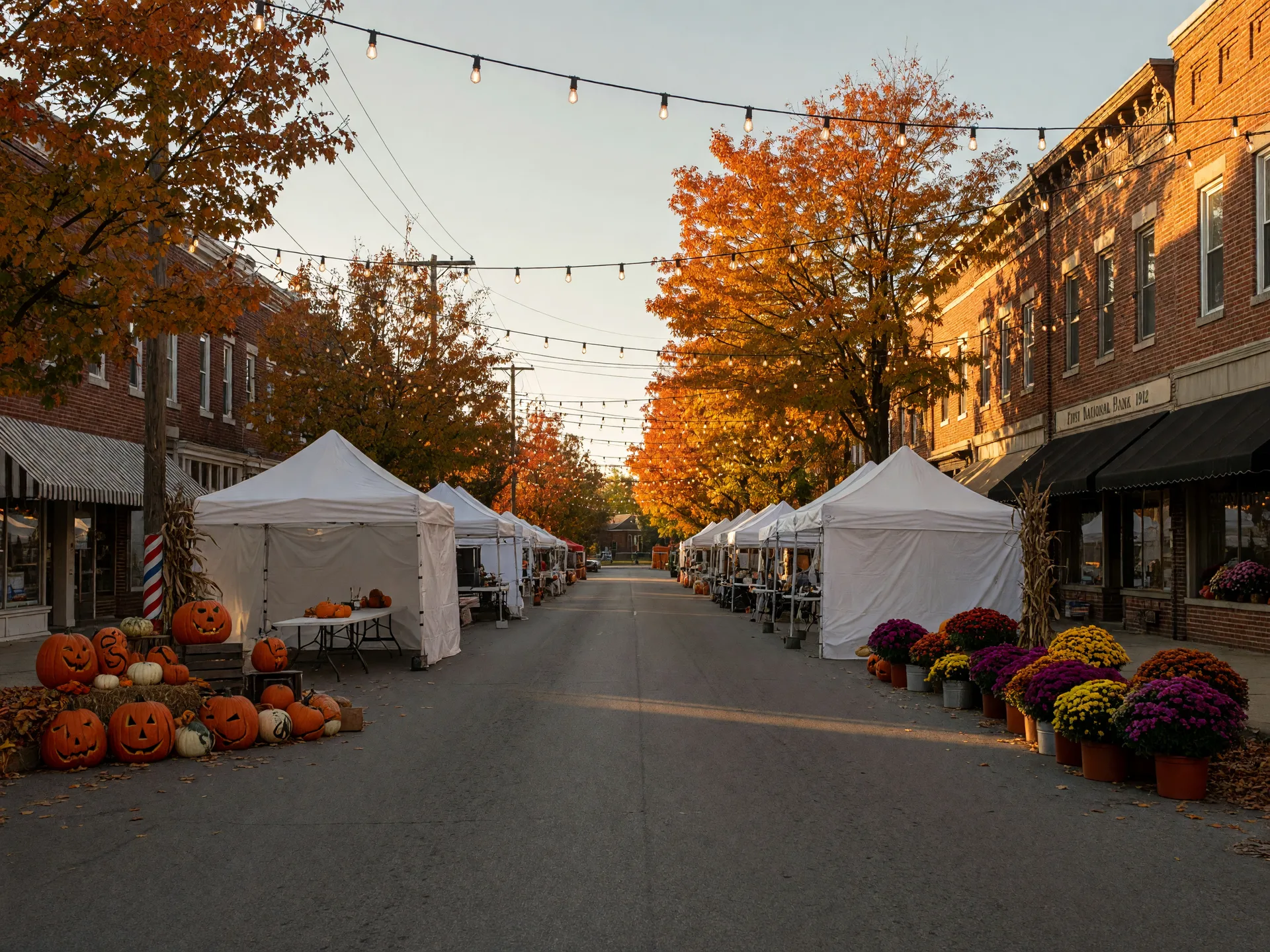 A small-town autumn street festival with white vendor tents, strings of warm bulbs, and pumpkin displays between brick storefronts