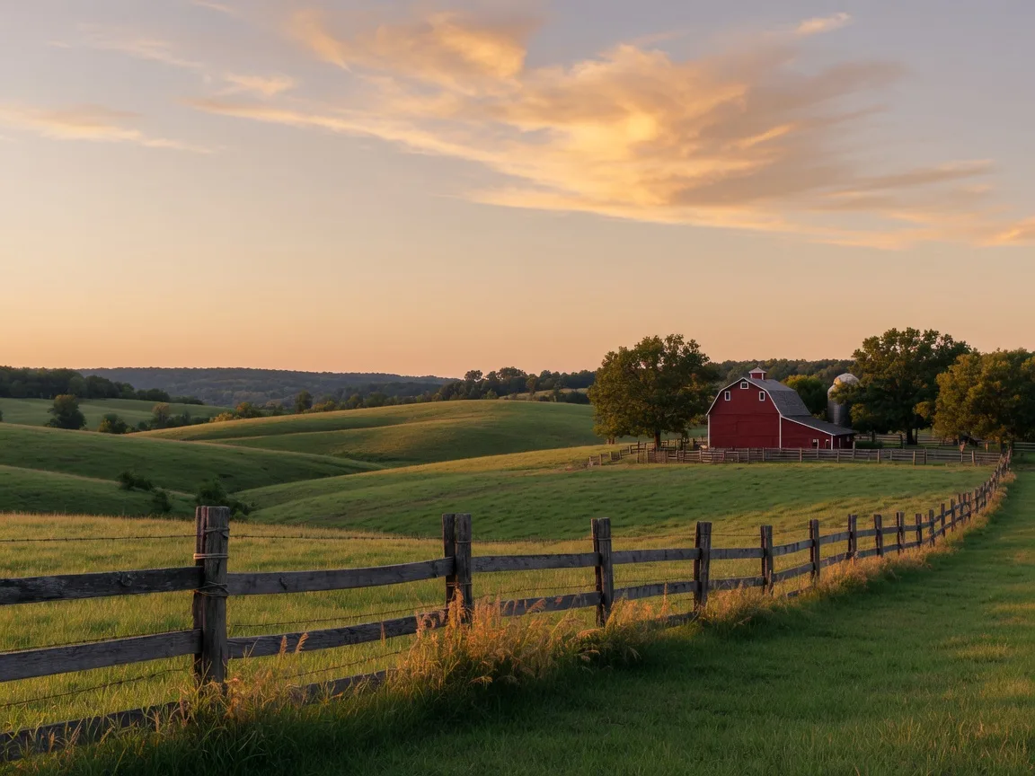 Scenic Oklahoma countryside near Pryor with rolling green hills, a ranch fence, a distant barn, and a big open sky at golden hour