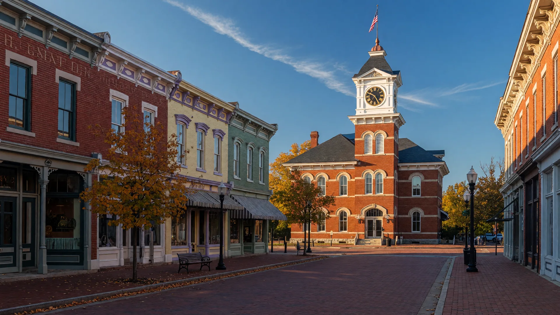 Scenic view of Manassas, Virginia: the historic brick railroad depot and restored Victorian storefronts of Old Town in warm autumn light