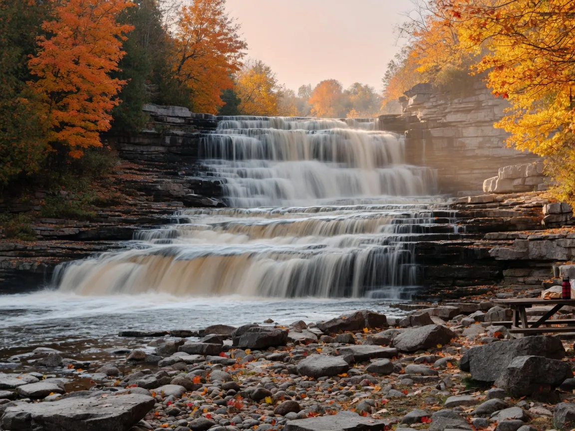 A broad river cascade dropping over layered limestone ledges in autumn, with golden and orange maples lining the riverbanks