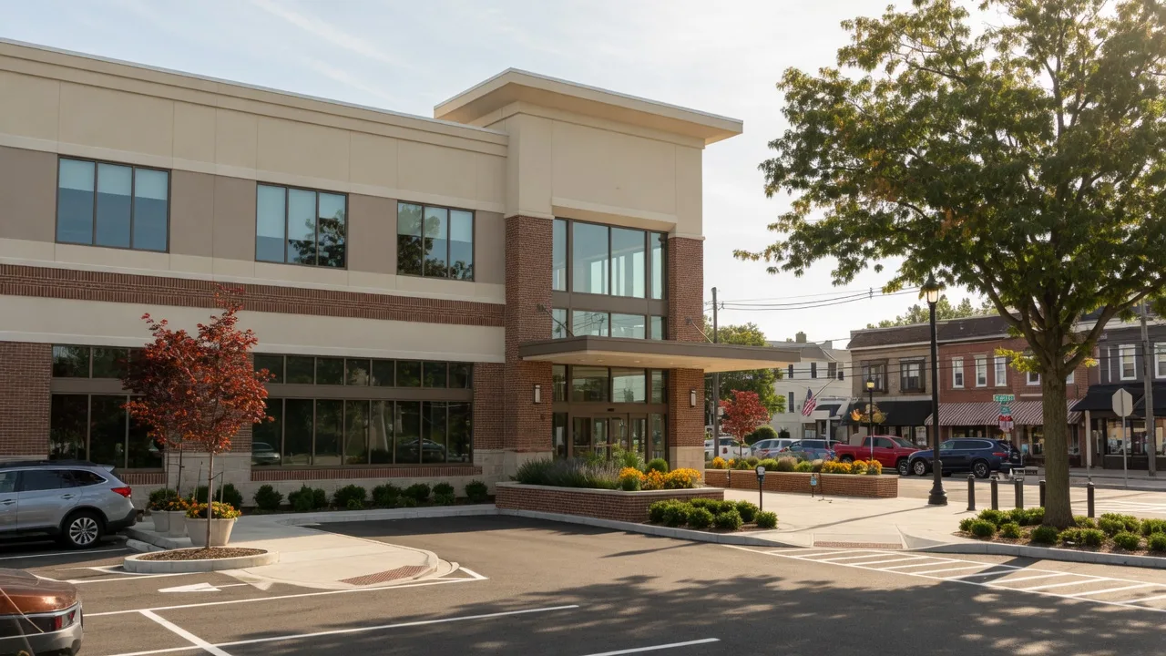 Modern two-story supermarket development site on Main Street in West Orange NJ with contemporary architecture and landscaped surroundings on a sunny late-summer afternoon