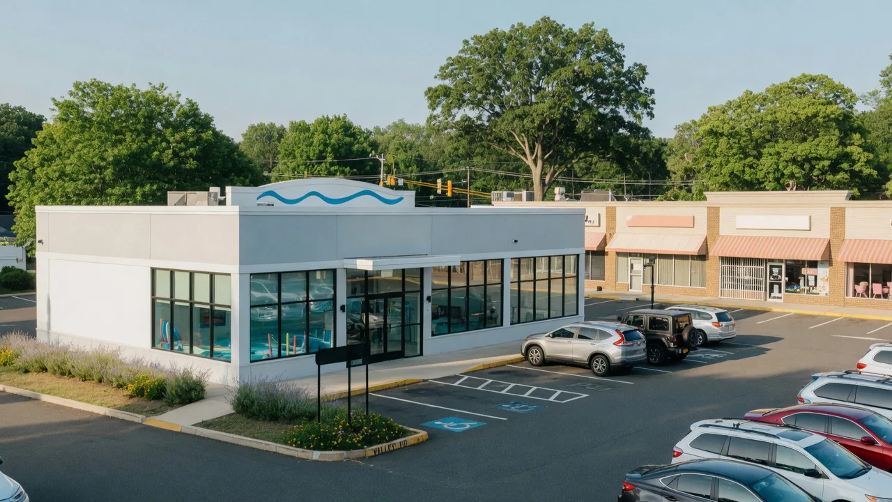 A commercial plaza along Valley Road in Upper Montclair NJ where a proposed SwimQuest swim school would be located