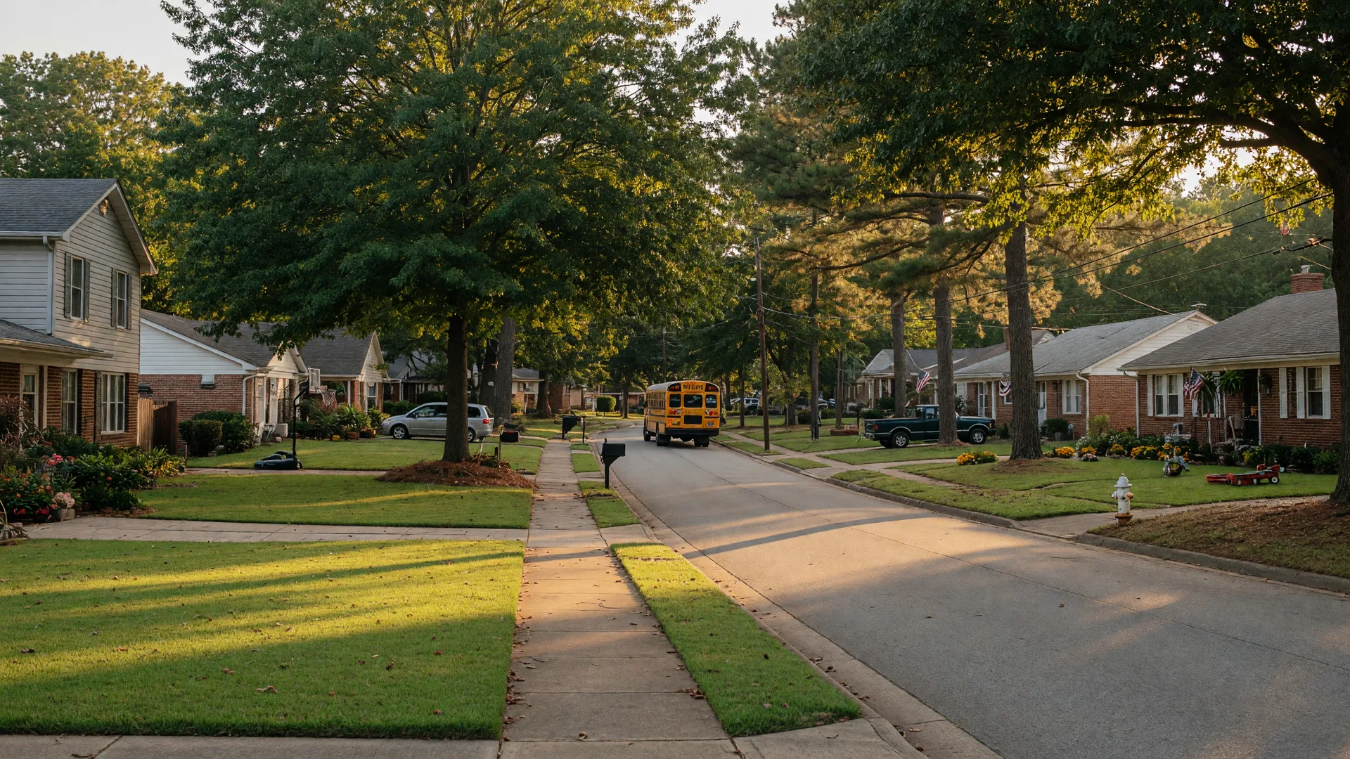 Tree-lined residential street in Dallas, Georgia with single-family homes, a yellow school bus in the distance, and a For Sale sign in a front yard on a warm summer afternoon