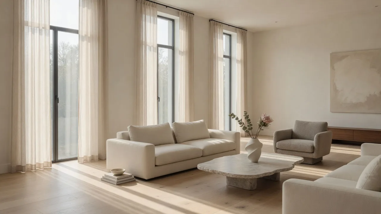 A bright, calm living room with tall south-facing windows, sheer linen curtains, cream seating, and pale oak flooring in warm morning light
