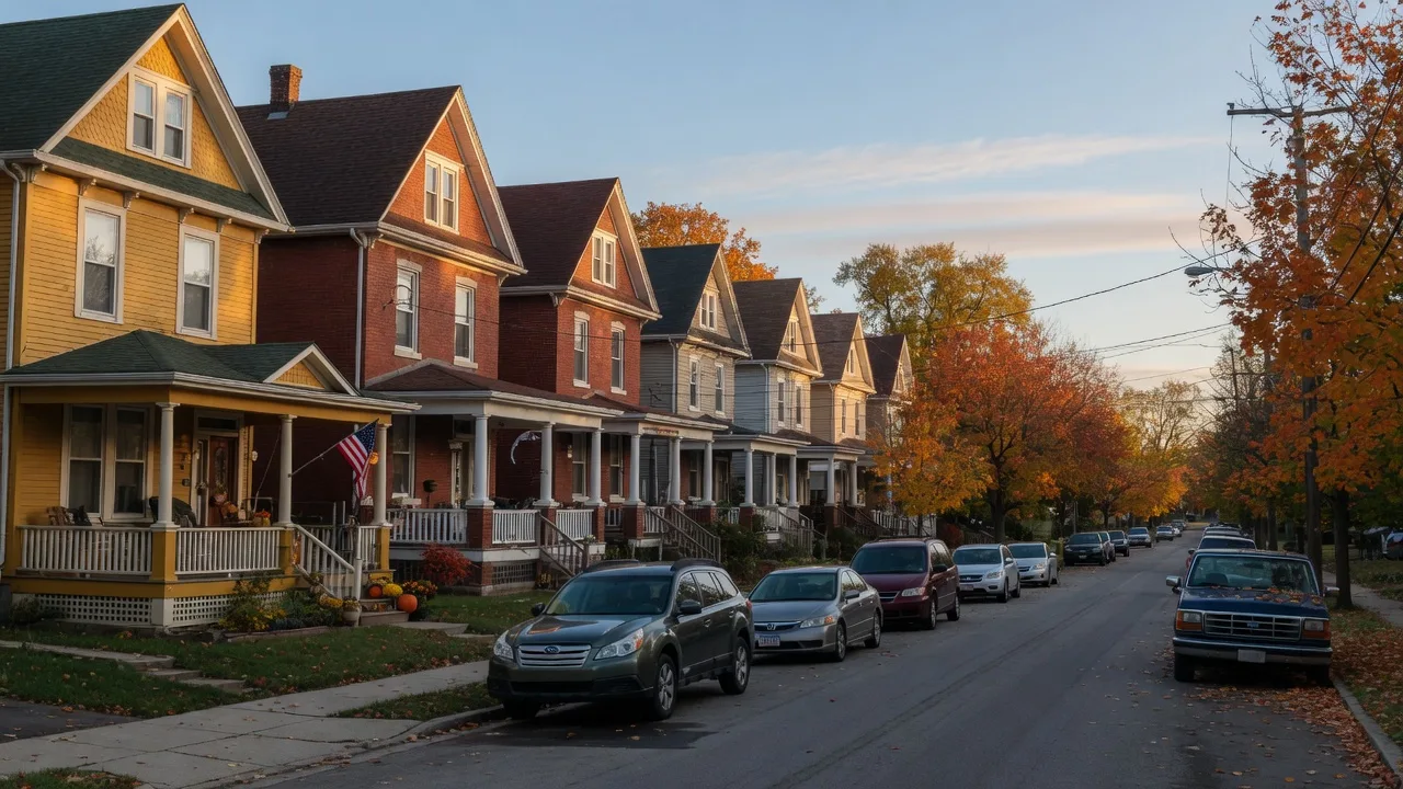 A dense Lakewood, Ohio streetcar-suburb street on a crisp mid-October morning: three-story brick and frame century homes with deep front porches and steep gabled roofs lining a narrow tree-lined street, cars parked along the curb, maples and oaks turning orange and gold