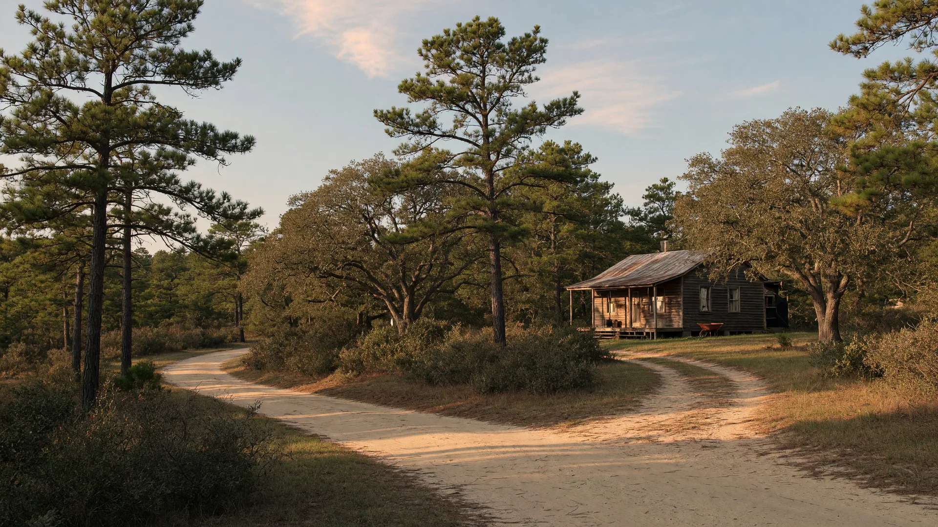 A sandy Pine Barrens road near Chatsworth in Woodland Township, Burlington County NJ, winding past pines and a farmhouse
