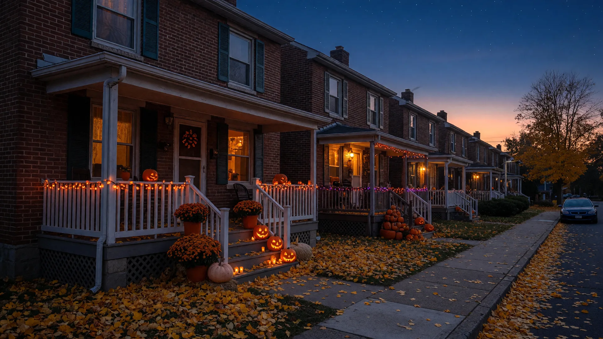 Brick twin homes on a North Catasauqua street on a late-October evening with pumpkins, mums, and jack-o'-lanterns on the porches and warm Halloween lights glowing at blue hour