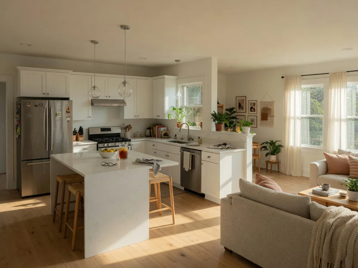 Bright open-concept kitchen and living area in a Tulsa-area home with white cabinets, a quartz island, and large windows in warm natural light