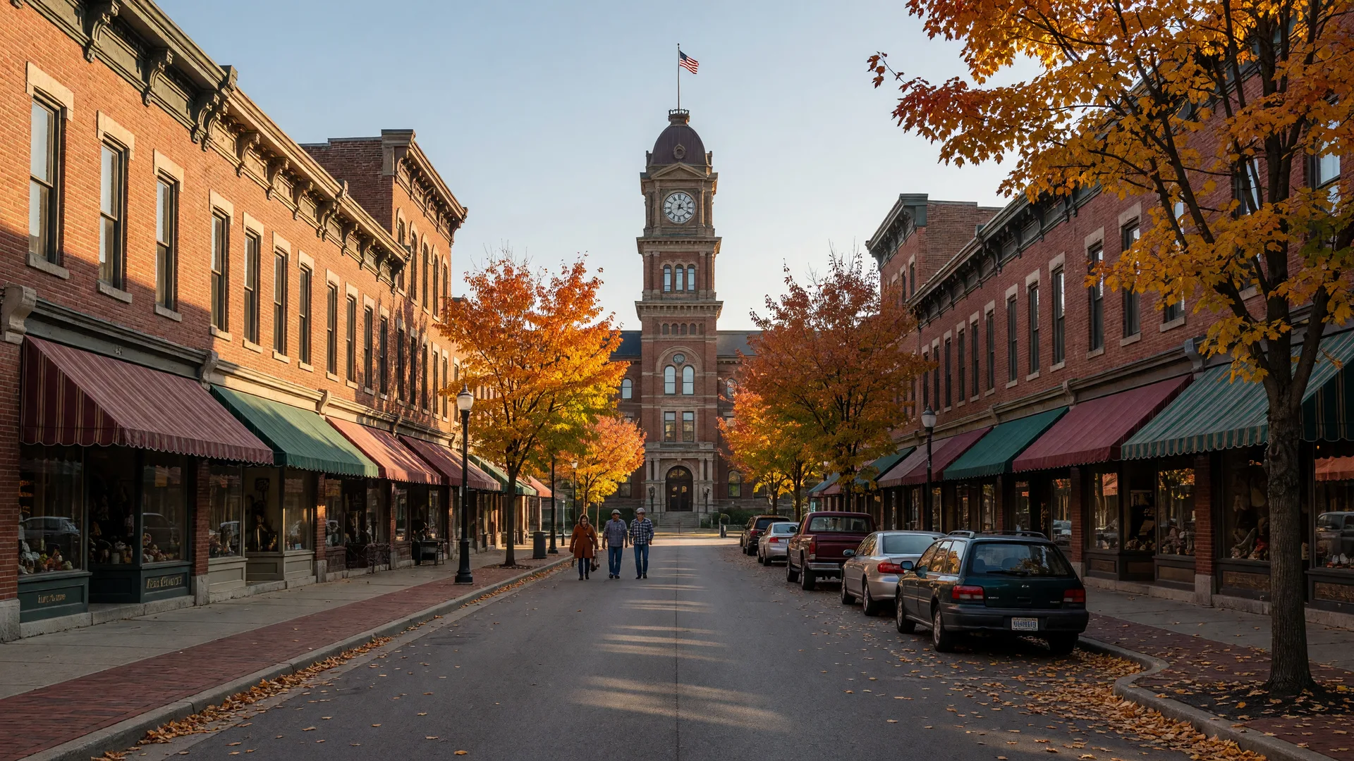 Historic downtown Springfield, Ohio in early autumn with the Armory clock tower rising above a main street of 19th-century brick storefronts under maples turning orange and gold in warm late-afternoon light