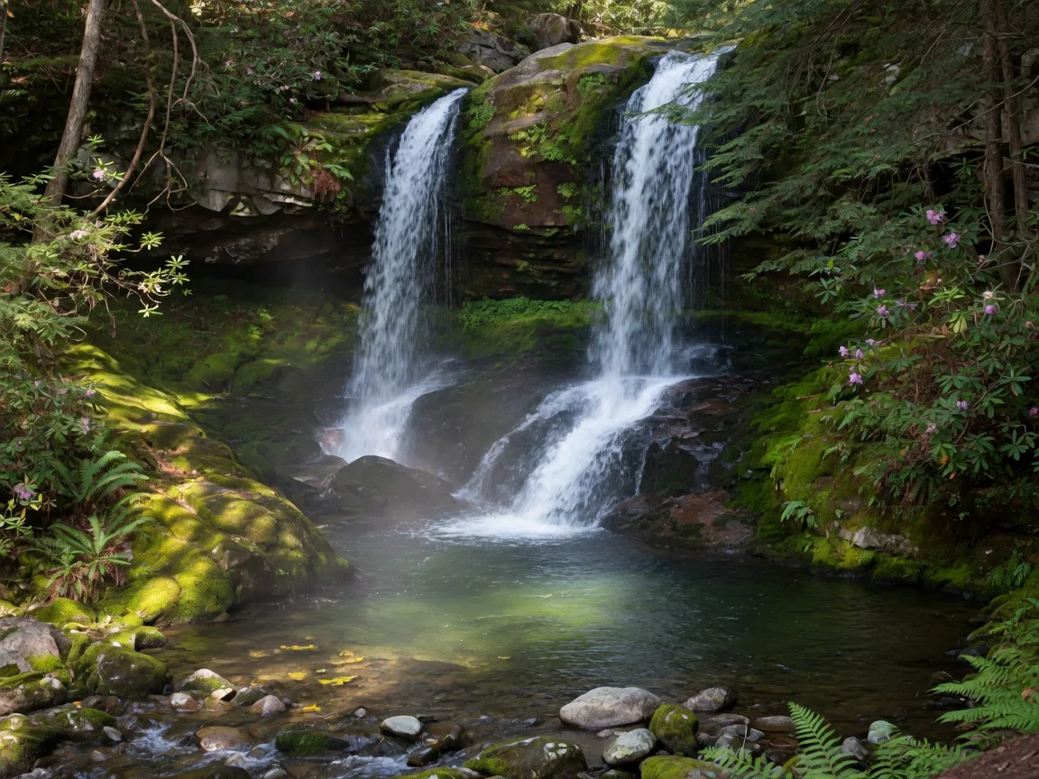 Twin forest waterfalls in the North Georgia mountains, like the falls a short drive from Helen