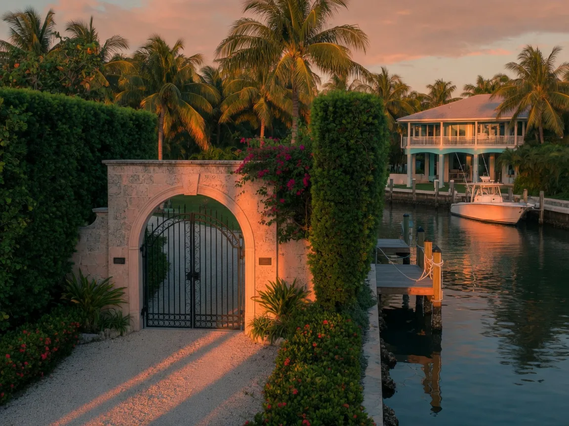 A discreet gated entrance to a private waterfront enclave in the Florida Keys at golden hour, a low stone gatehouse and tall hedges screening a palm-lined drive, a glimpse of a luxury elevated home and a private dock on a deep-water canal beyond