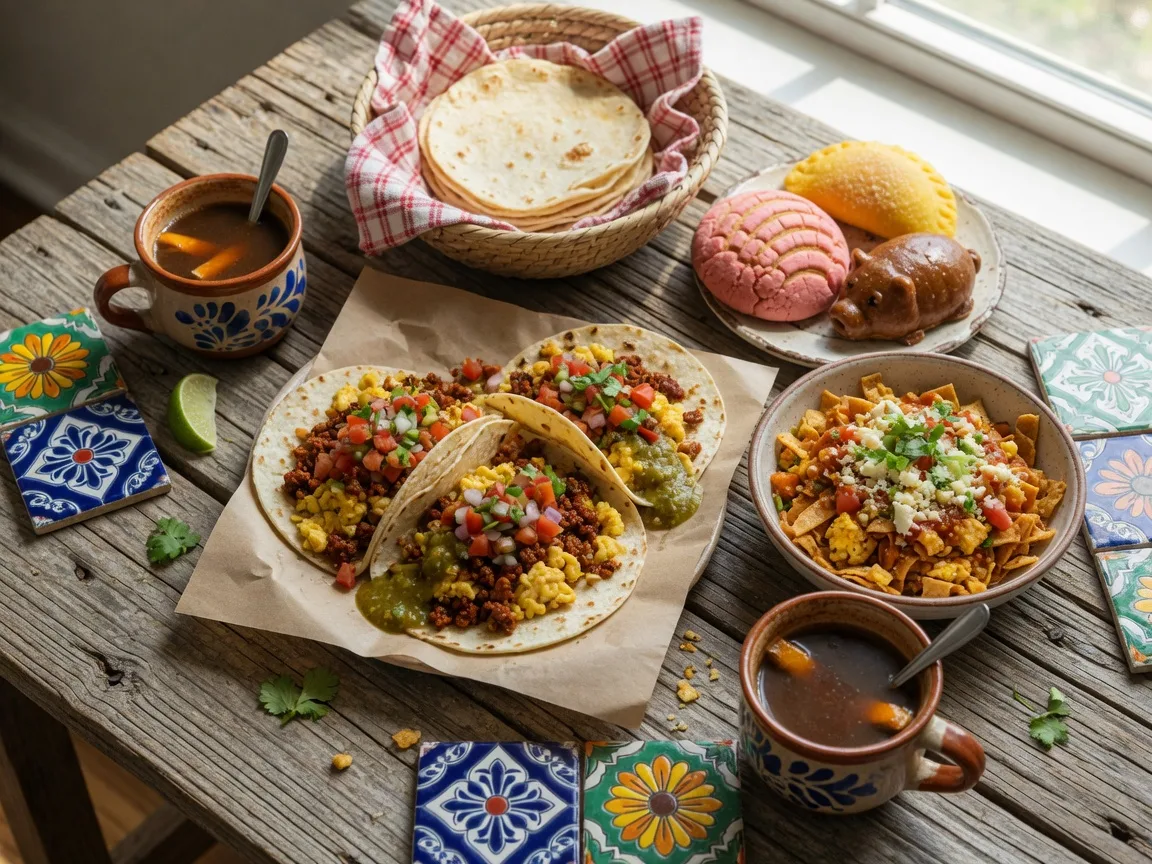 Overhead spread of breakfast tacos, migas, tortillas, and pan dulce on a wooden table