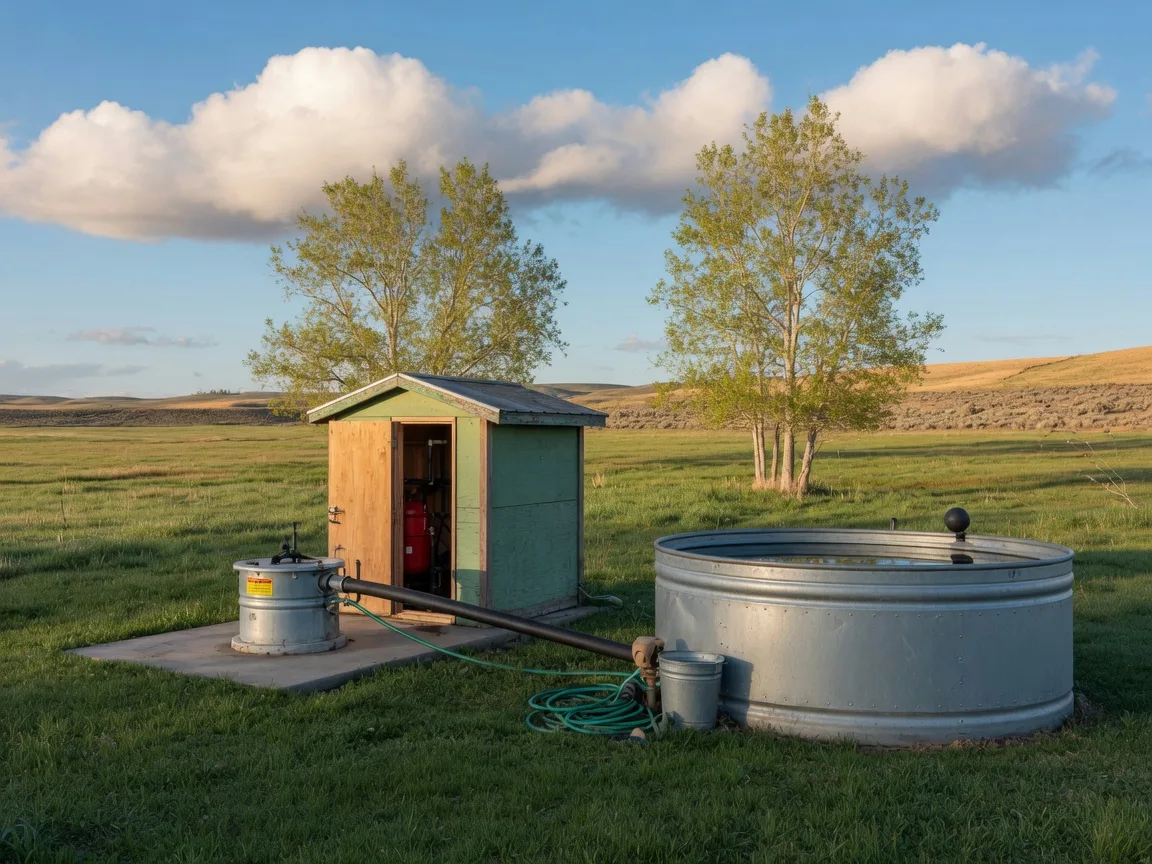 Domestic well head and pump house beside a stock tank on an Idaho acreage