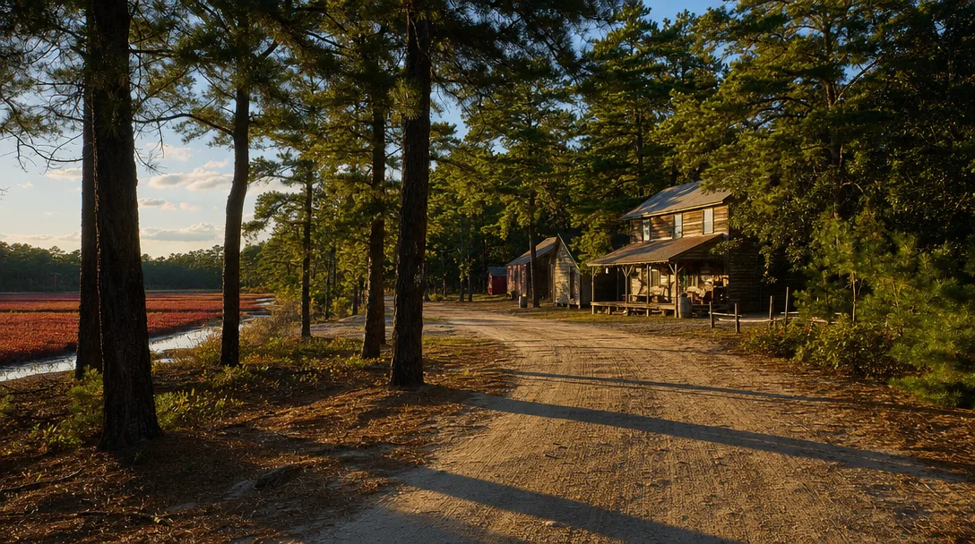 Quiet rural road winding through the pitch pine forest of the New Jersey Pine Barrens near Chatsworth, with cranberry bogs visible through the trees in warm afternoon light