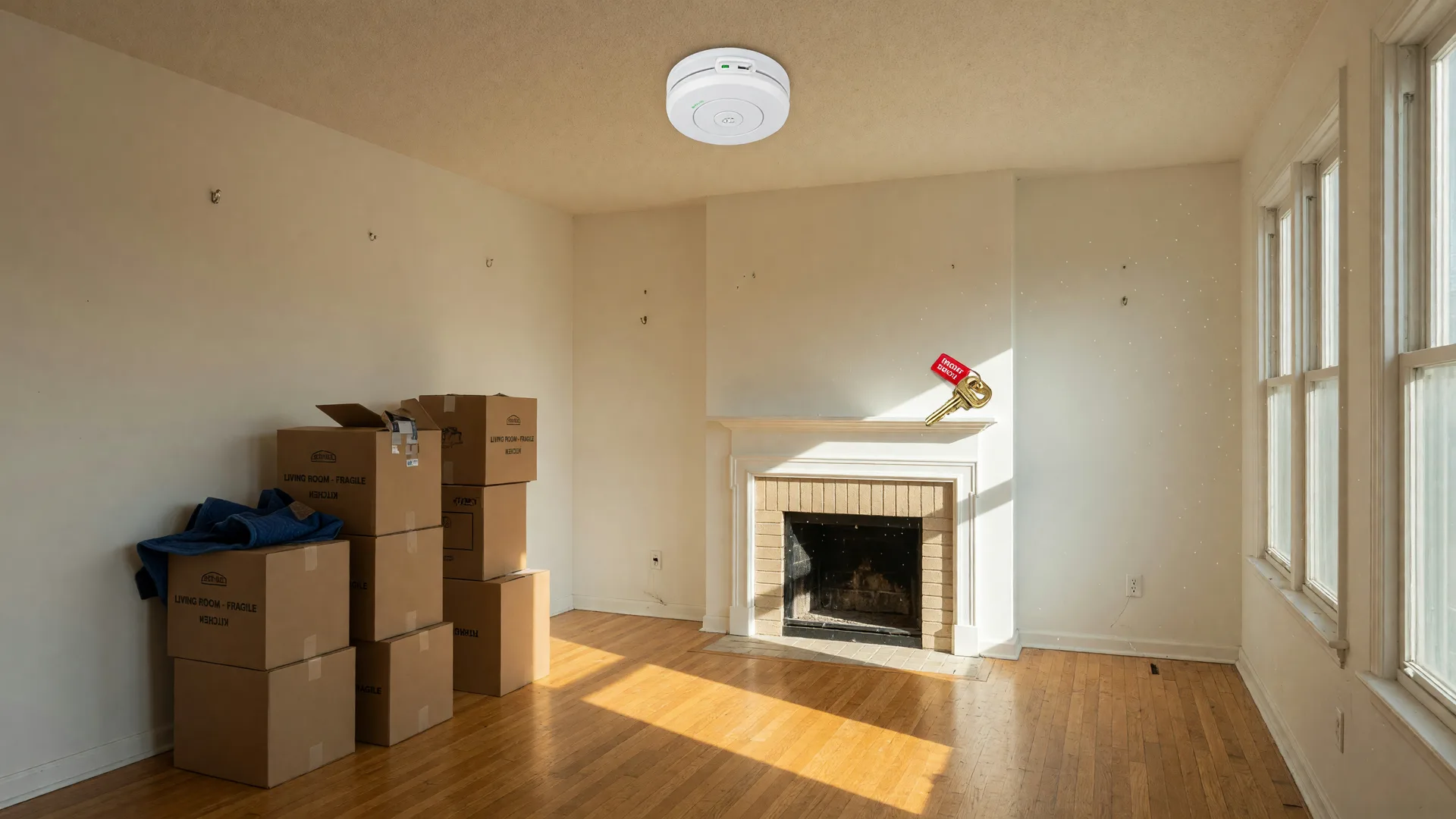 Bright empty living room on move-in day with boxes, a brass key on the mantel, and sunlit floors