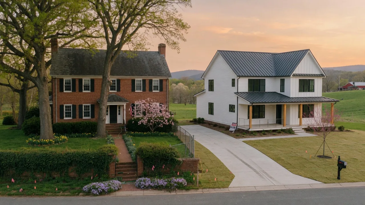 Two Virginia homes side by side , an established brick home with mature trees and a modern new-construction home with fresh landscaping, golden-hour light