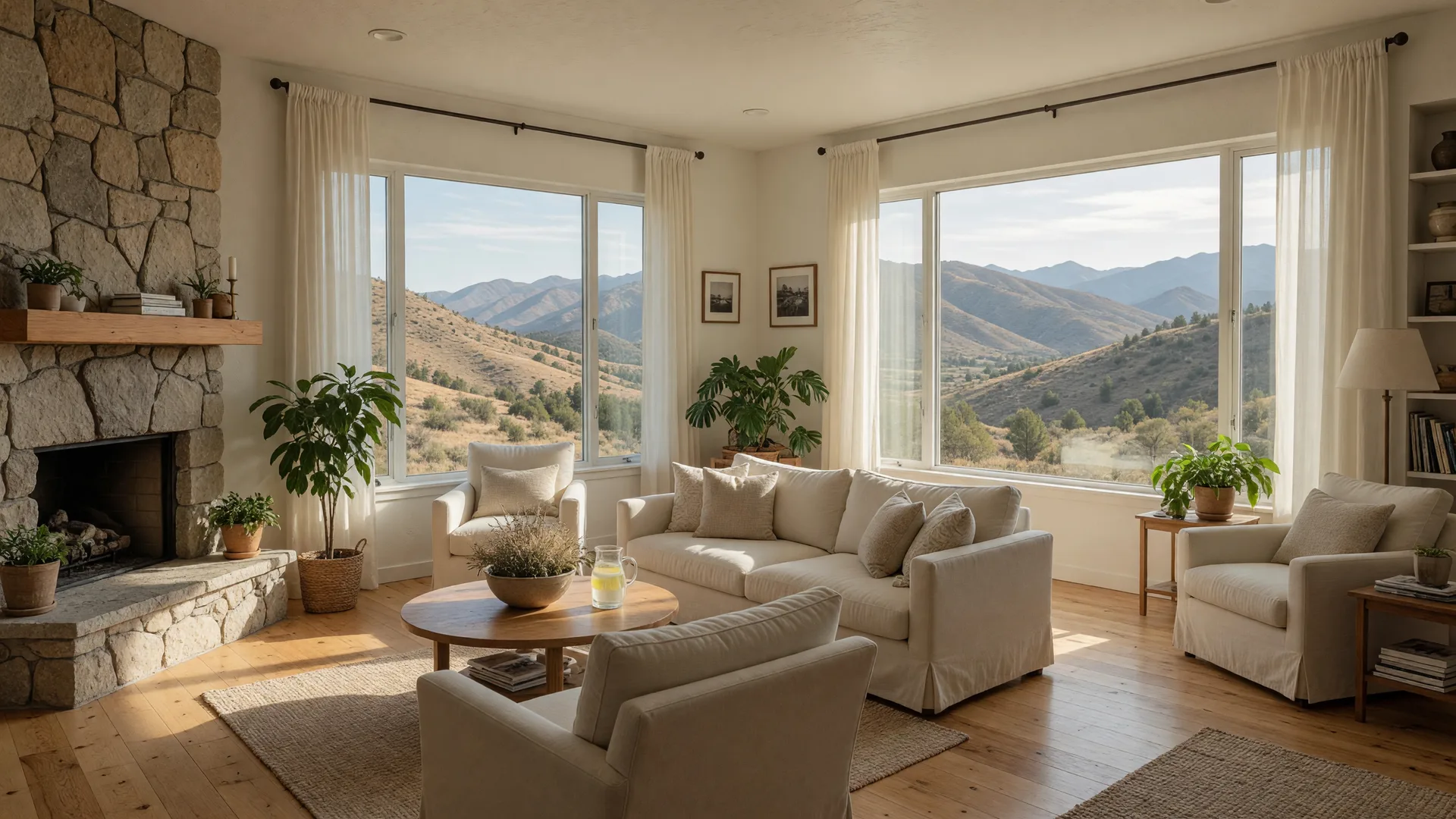 A bright, airy Nevada living room with a stone fireplace, wood floors, and afternoon sunlight with a glimpse of the Sierra foothills.