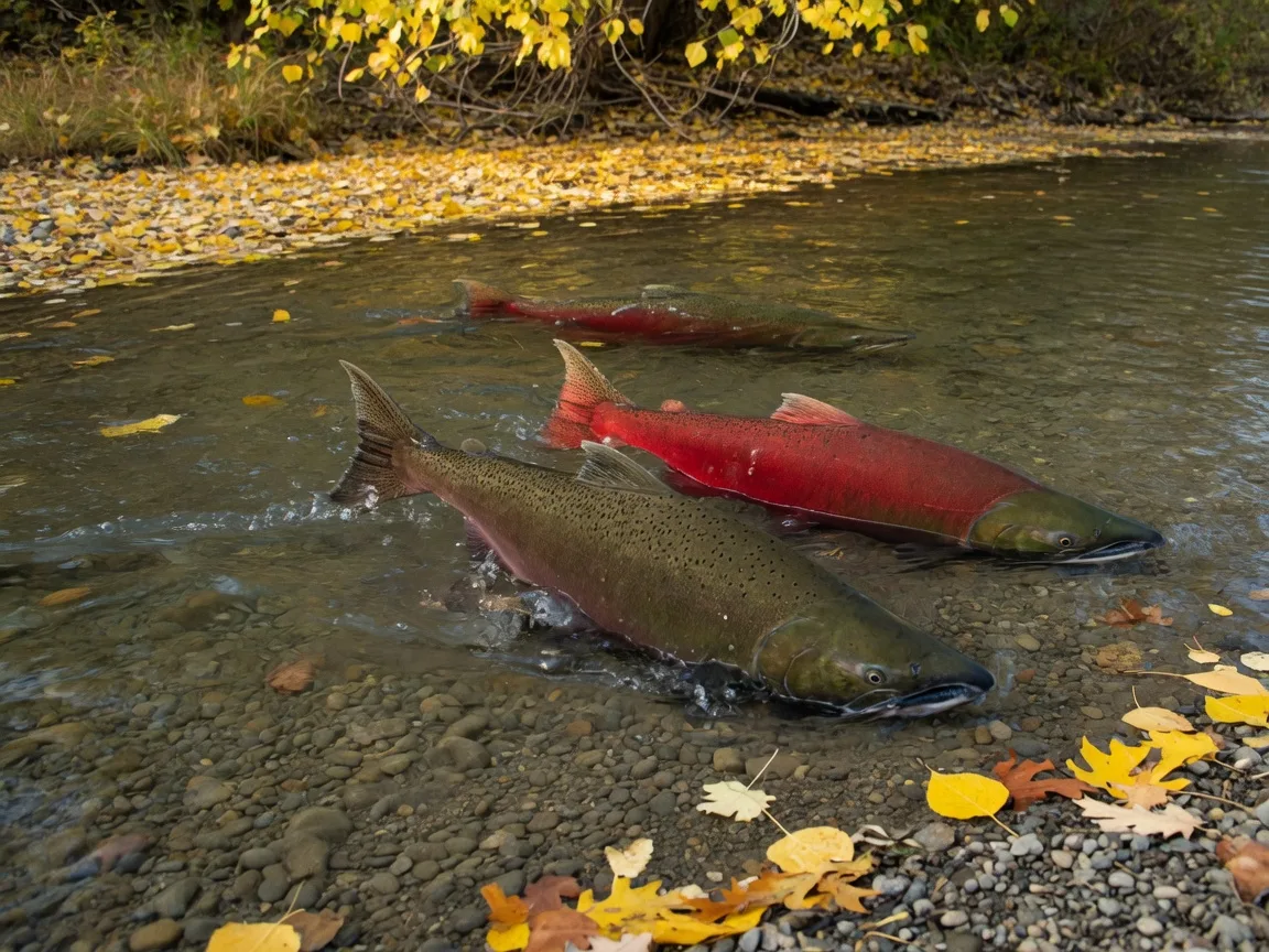 Fall-run Chinook salmon spawning in a clear shallow riffle of the Merced River in October, large olive-green and reddish fish visible through the clean water over rounded river gravel, golden cottonwood and oak leaves on the banks